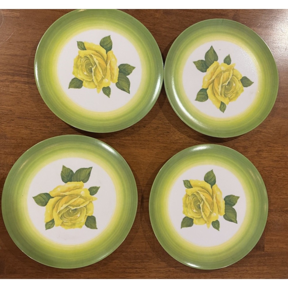 Green Rim Yellow Rose Floral Round Melamine Dinner Plates Set of 4 Vintage 6"